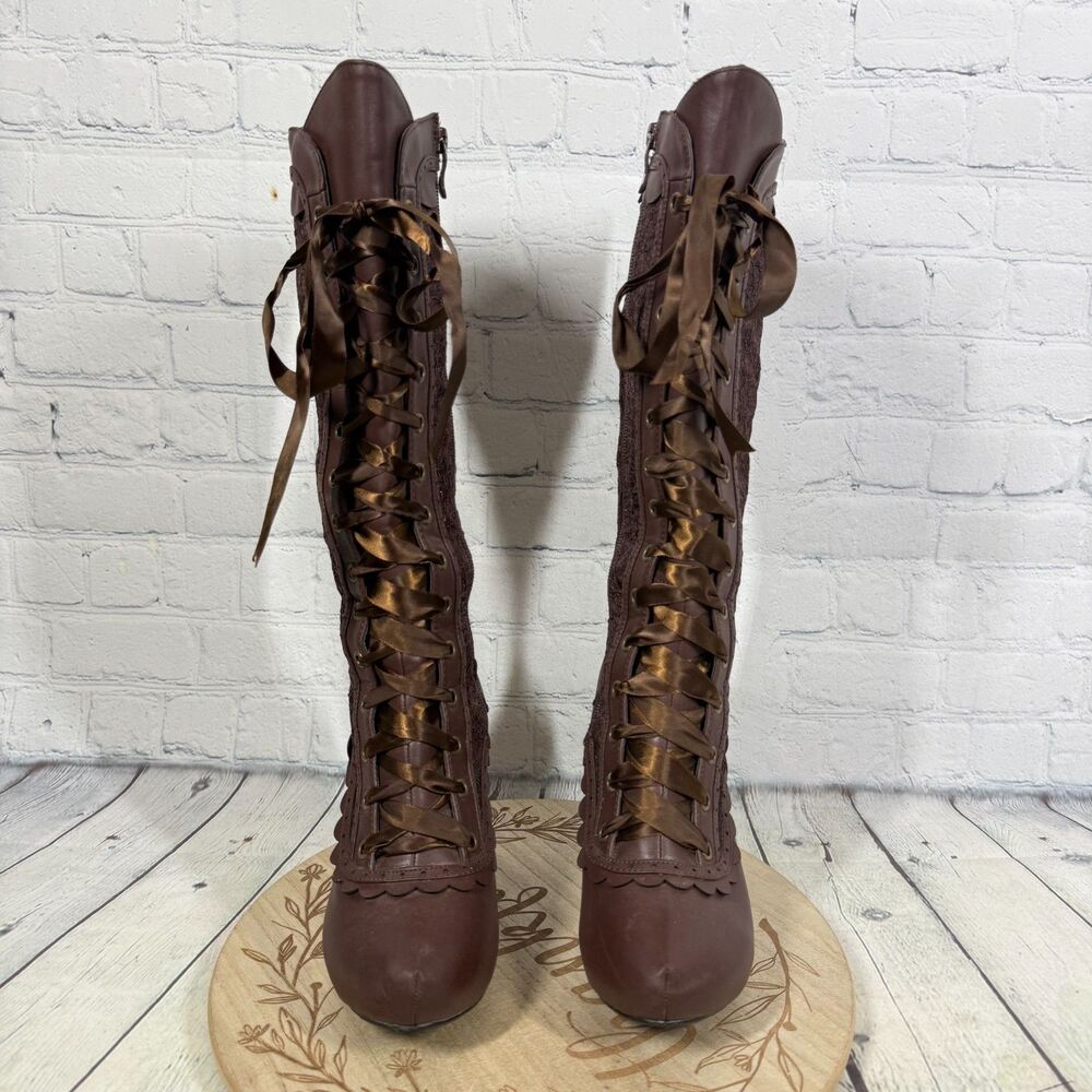 Ellie Victorian Steampunk Lace Up Knee High Boots Size 7 Brown Platform Goth - Picture 4 of 16